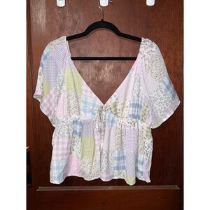 Pink Lily Flutter Sleeve Patchwork Blouse